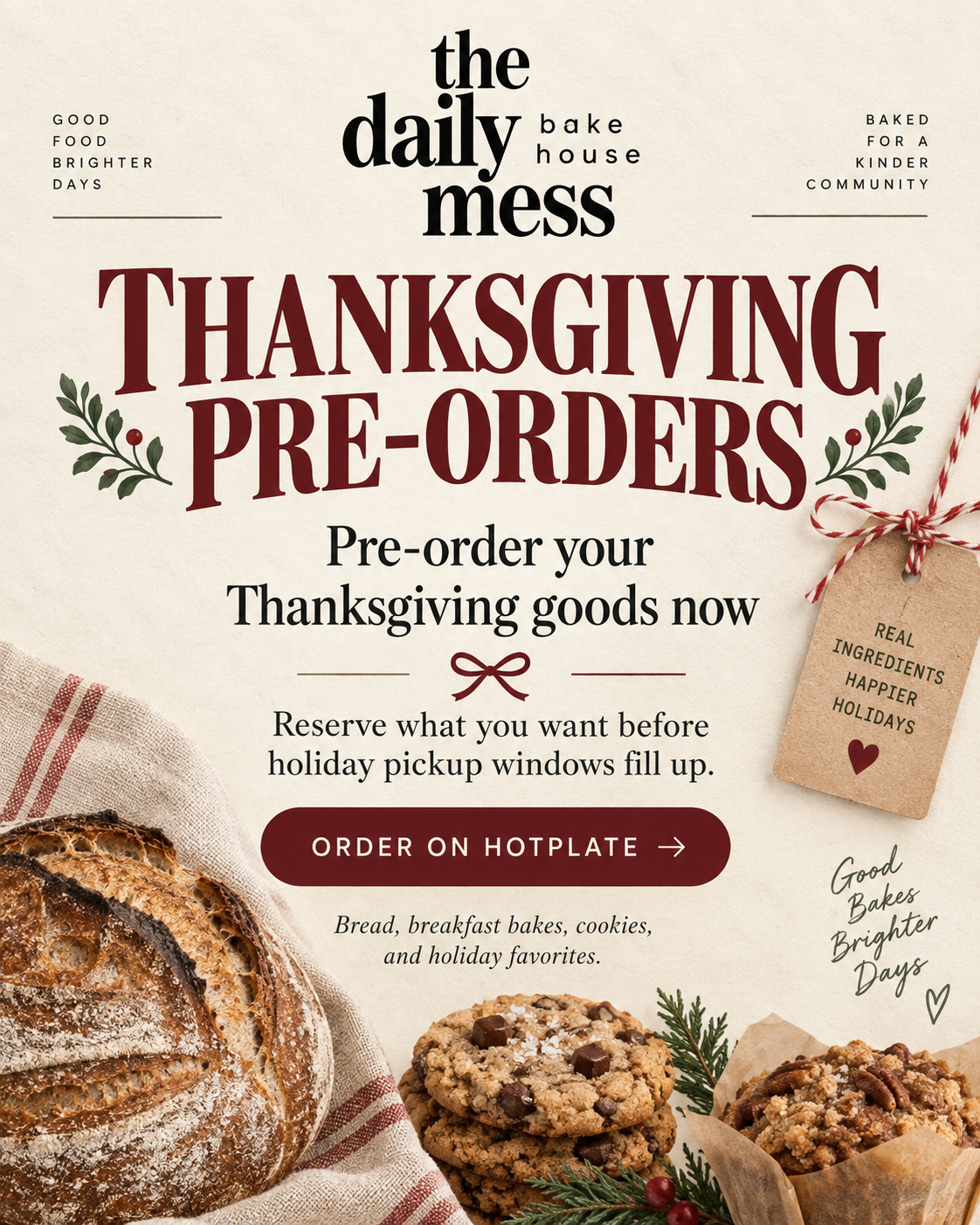 The Daily Mess Thanksgiving pre-orders: bread, breakfast bakes, cookies, and holiday favorites. Order on Hotplate.